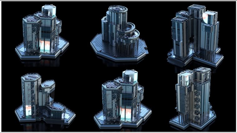 30+独特的科幻现代未来城市建筑 +30 Sci-Fi Modern City Buildings Kitbash Pack