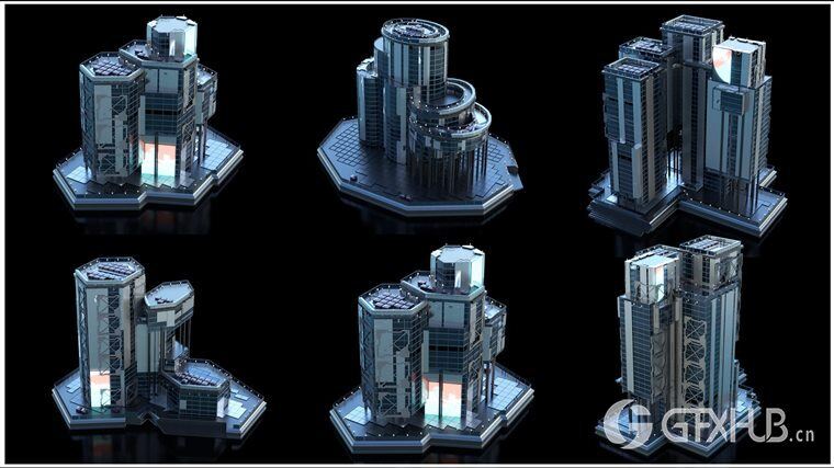 30+独特的科幻现代未来城市建筑 +30 Sci-Fi Modern City Buildings Kitbash Pack