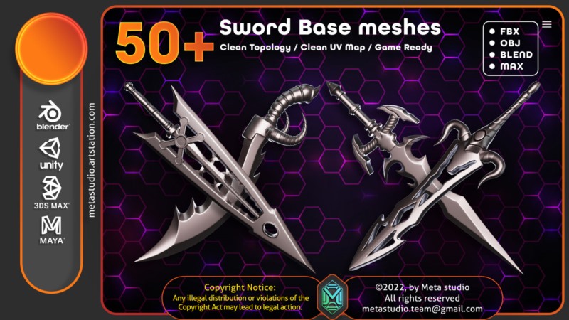 50个逼真的刀剑3D模型 50 Sword + 50 Hammer & Mace Base Meshes