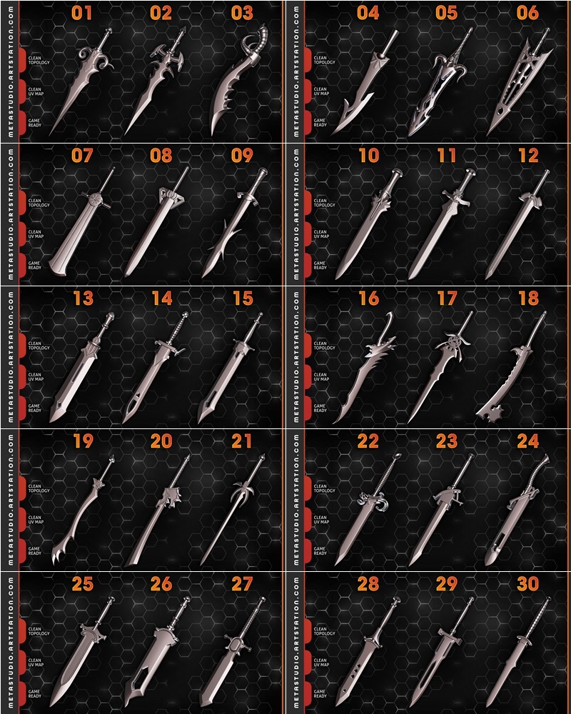 50个逼真的刀剑3D模型 50 Sword + 50 Hammer & Mace Base Meshes