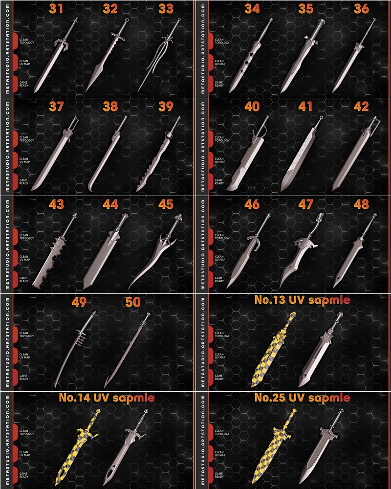 50个逼真的刀剑3D模型 50 Sword + 50 Hammer & Mace Base Meshes