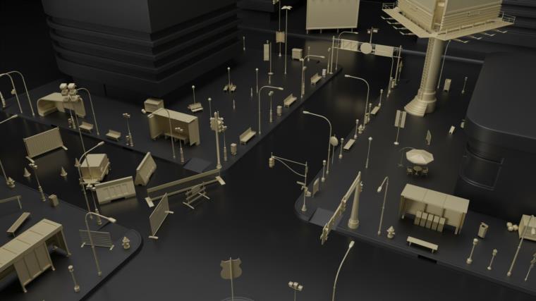 障碍物广告牌电线栏杆路牌路灯交通灯废物和存储以模拟城市空间和街道 Artstation - 70 pieces of street asset