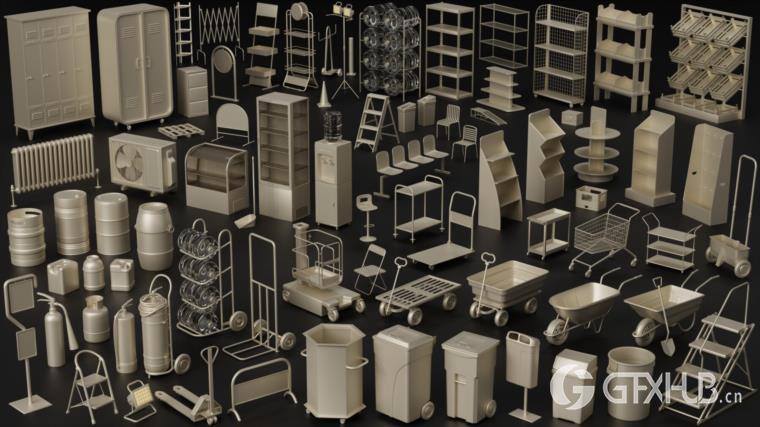 灭火器独轮车街道垃圾箱长凳栏杆用于城市环境和街道 Artstation - 80 City Asset Kitbash