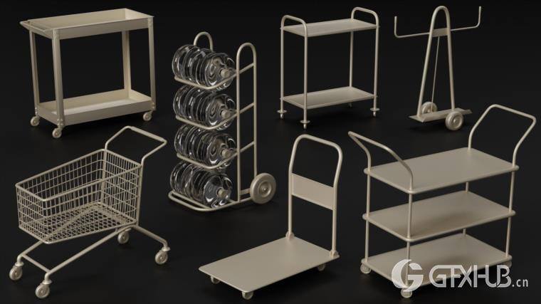 灭火器独轮车街道垃圾箱长凳栏杆用于城市环境和街道 Artstation - 80 City Asset Kitbash