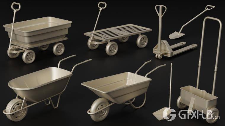 灭火器独轮车街道垃圾箱长凳栏杆用于城市环境和街道 Artstation - 80 City Asset Kitbash