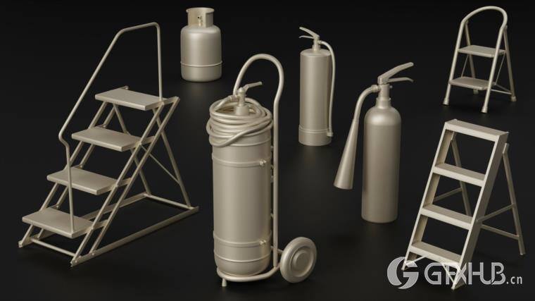 灭火器独轮车街道垃圾箱长凳栏杆用于城市环境和街道 Artstation - 80 City Asset Kitbash