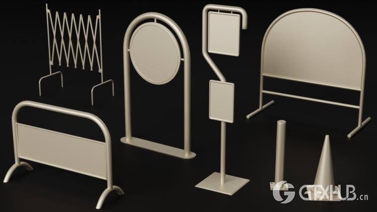 灭火器独轮车街道垃圾箱长凳栏杆用于城市环境和街道 Artstation - 80 City Asset Kitbash