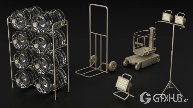 灭火器独轮车街道垃圾箱长凳栏杆用于城市环境和街道 Artstation - 80 City Asset Kitbash