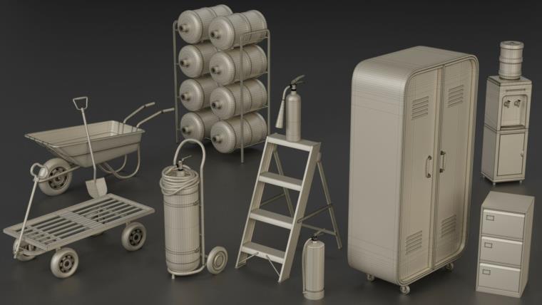 灭火器独轮车街道垃圾箱长凳栏杆用于城市环境和街道 Artstation - 80 City Asset Kitbash