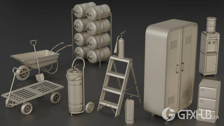 灭火器独轮车街道垃圾箱长凳栏杆用于城市环境和街道 Artstation - 80 City Asset Kitbash