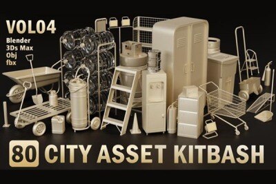 灭火器\独轮车\街道垃圾箱\长凳\栏杆\用于城市环境和街道 Artstation – 80 City Asset Kitbash