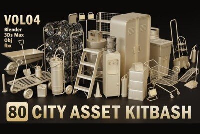 灭火器\独轮车\街道垃圾箱\长凳\栏杆\用于城市环境和街道 Artstation – 80 City Asset Kitbash