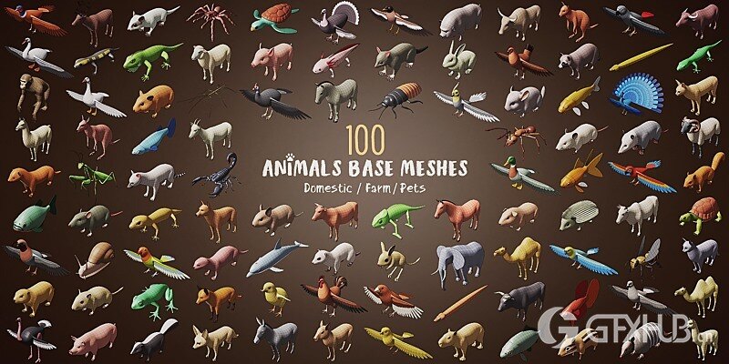 100种动物基础网格低聚3D模型 100 Animals Base Meshes