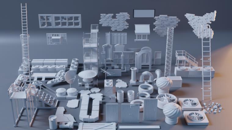 楼顶设施3D模型 Artstation - 100 Roof Top and Exterior Modular Kitbash