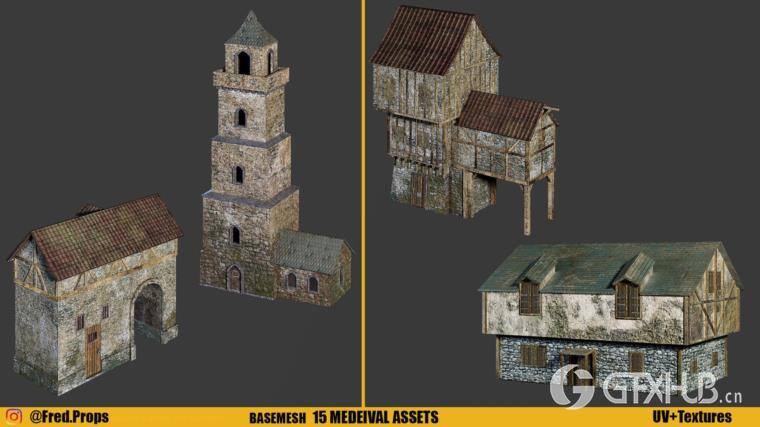 15个中世纪建筑3D模型 Artstation – BaseMesh 15 MEDIEVAL Assets+Texture Vol 2