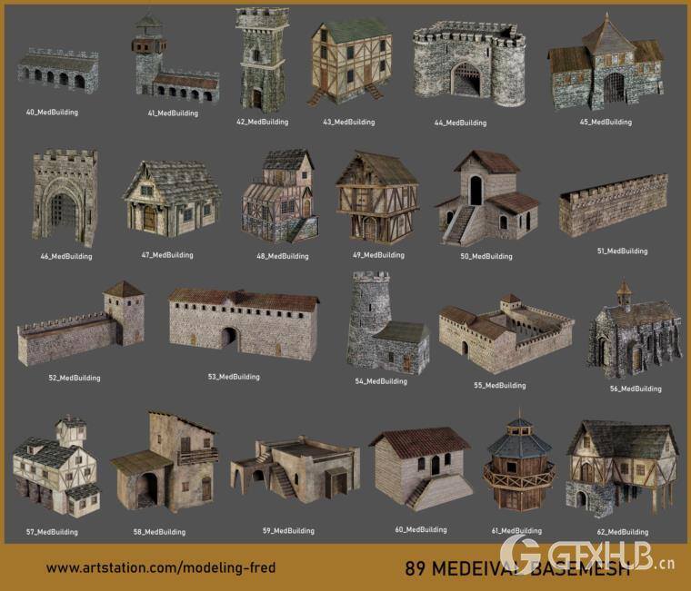 中世纪房屋建筑3D模型(MAX/FBX格式) ArtStation – BaseMesh 89 MEDIEVAL Assets+Texture