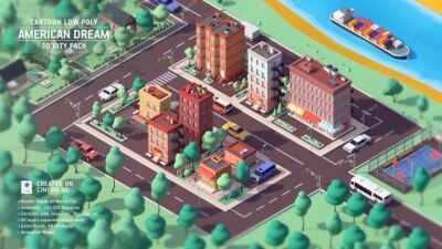 卡通低聚美国梦城市低聚3D模型 Cartoon Low Poly American Dream City Pack Low-poly 3D model