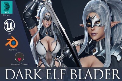 游戏角色黑暗精灵刀锋3D模型 (格式：Blend\MAX\FBX\MAYA\UE4)  Dark Elf Blader – Game Ready
