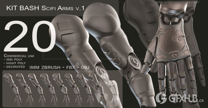 20种独特的机甲手臂3D模型 IMM 20 Scifi Arms KitBash with Uvs