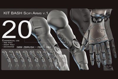 20种独特的机甲手臂3D模型 IMM 20 Scifi Arms KitBash with Uvs