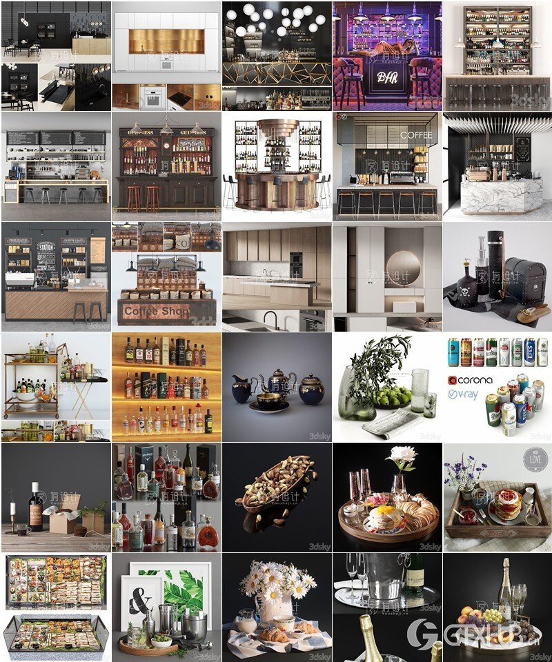 3Dsky Pro 厨房橱柜酒柜吧台食品饮料3D模型合集