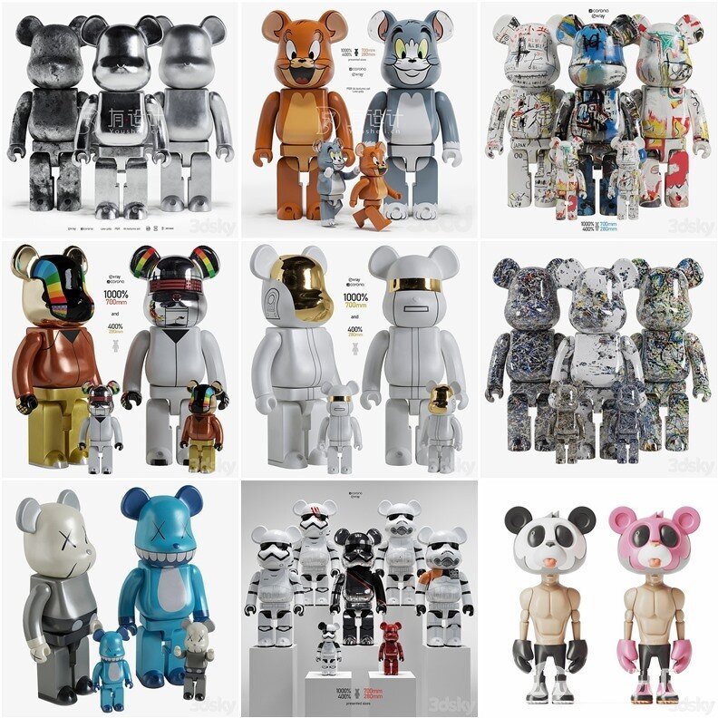 3Dsky Pro KAWS现代暴力熊公仔玩偶雕塑摆件3Dmax模型合集17套