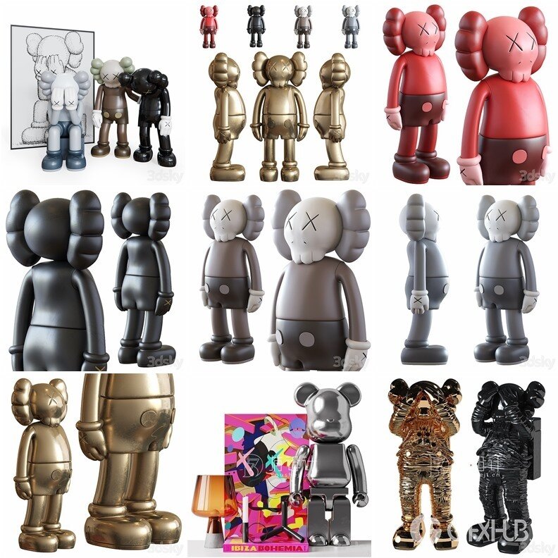 3Dsky Pro KAWS现代暴力熊公仔玩偶雕塑摆件3Dmax模型合集17套