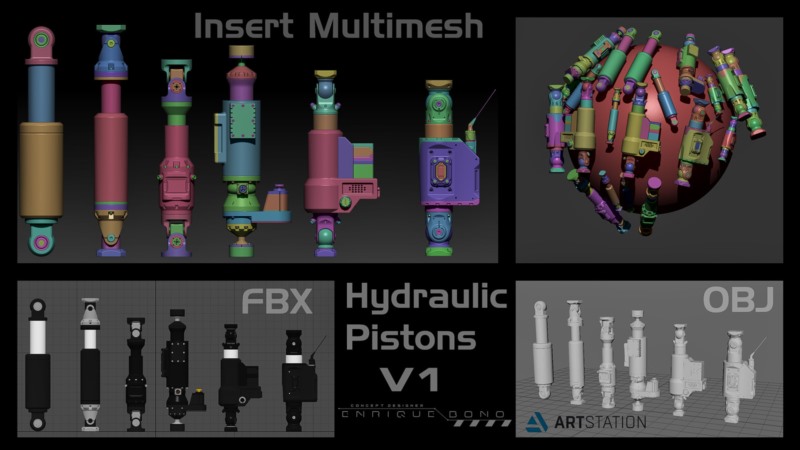 液压活塞硬表面3D模型 Kitbash Hydraulic Pistons V1