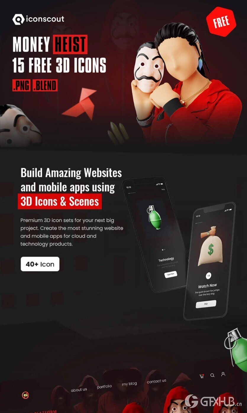 金钱抢劫 3D 插图包（格式：PNGBlend ） Money Heist 3D Illustration Pack