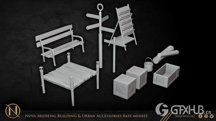 中世纪建筑和城市设施3d模型 Noya Medieval Building & Urban Accessories Base meshes