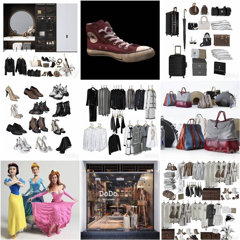 85个衣服包包鞋子3D模型合集 3DSky Pro Clothes, bags, shoes 3d models