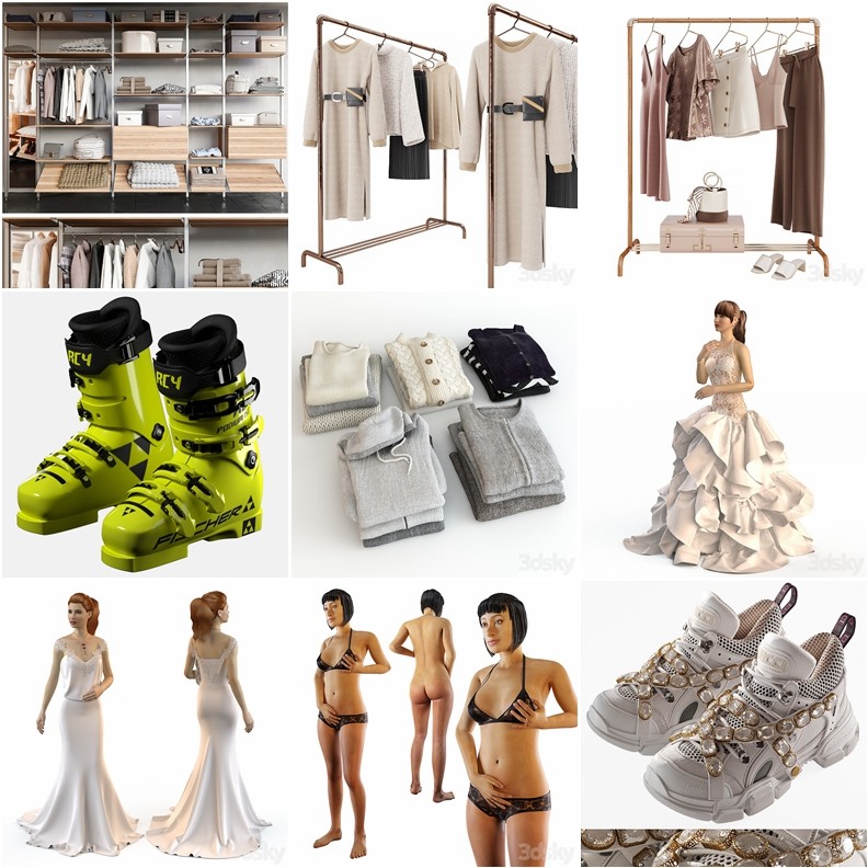 85个衣服包包鞋子3D模型合集 3DSky Pro Clothes, bags, shoes 3d models