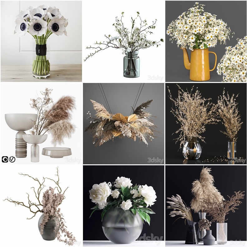 3Dsky Pro 57个花瓶花卉干花装饰3D模型合集