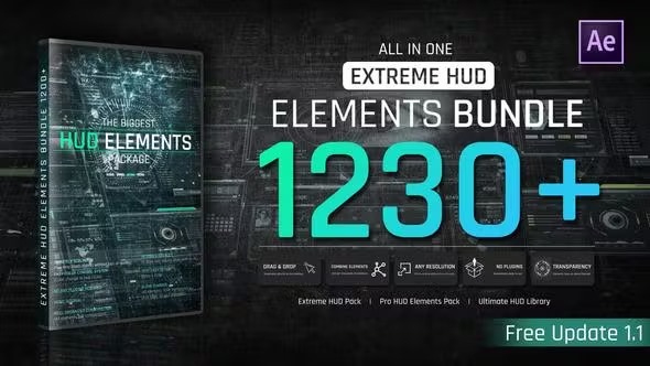 AE模板-1230个未来科技感HUD信息图形UI展示界面动画 Videohive - Extreme HUD Elements Bundle 1200