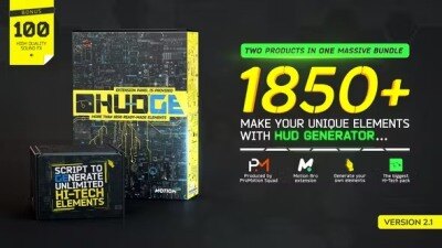 AE模板-1850种未来数字高科技UI界面HUD信息图表元素动画预设超级包 HUDGE | Generator of Hi-Tech Elements | 1850+ UI HUD V2.1