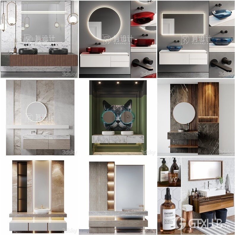 3DSky Pro 卫生间洗手台盆梳妆台套装3D模型42套合集