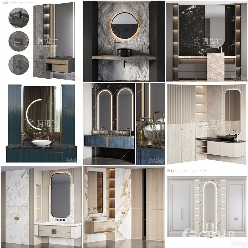 3DSky Pro 卫生间洗手台盆梳妆台套装3D模型42套合集
