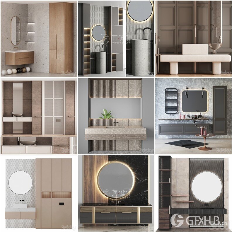 3DSky Pro 卫生间洗手台盆梳妆台套装3D模型42套合集