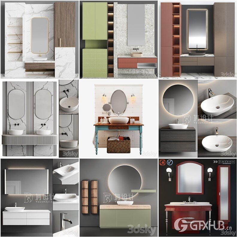 3DSky Pro 卫生间洗手台盆梳妆台套装3D模型42套合集