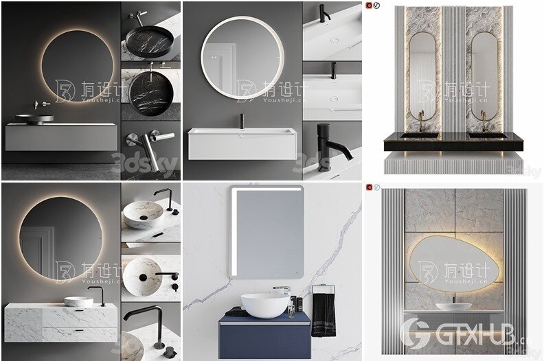 3DSky Pro 卫生间洗手台盆梳妆台套装3D模型42套合集