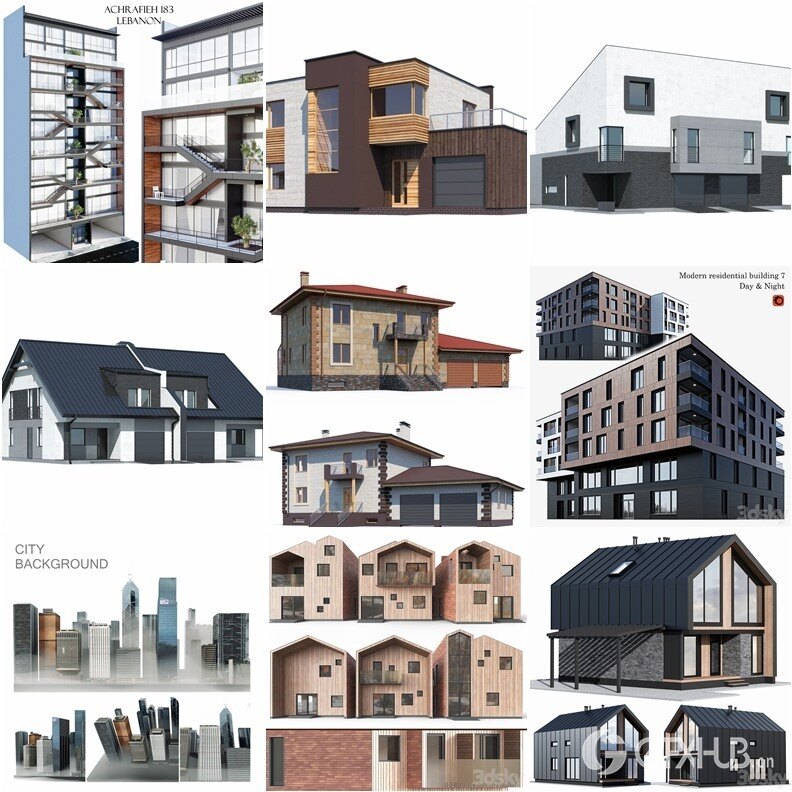 3DSky Pro 44套办公楼住宅楼别墅建筑3D模型合集