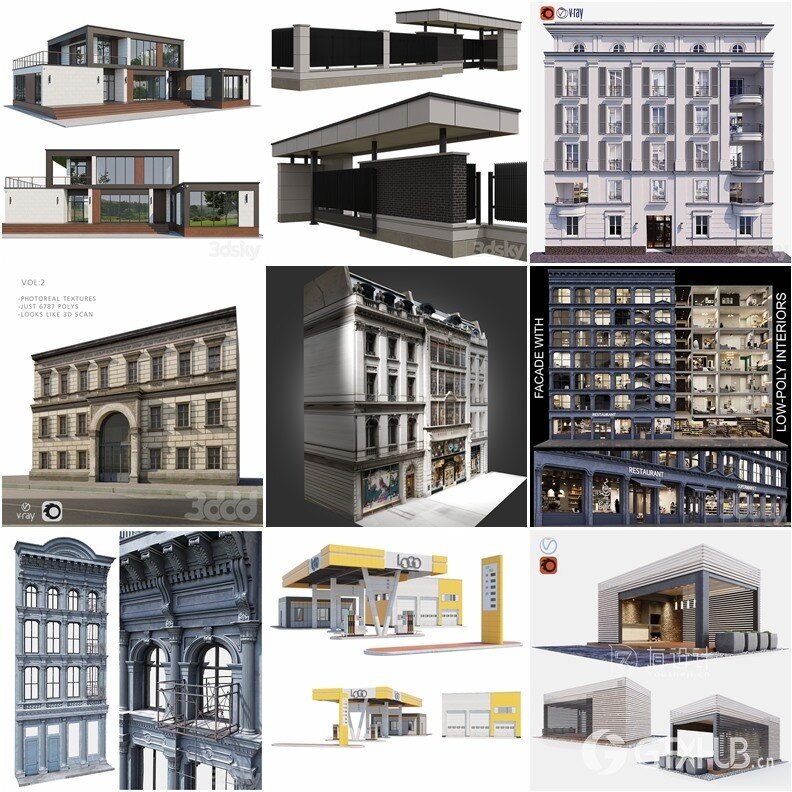 3DSky Pro 44套办公楼住宅楼别墅建筑3D模型合集