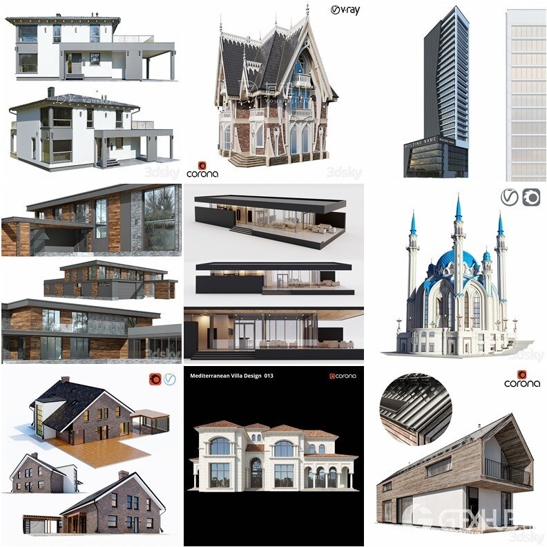 3DSky Pro 44套办公楼住宅楼别墅建筑3D模型合集