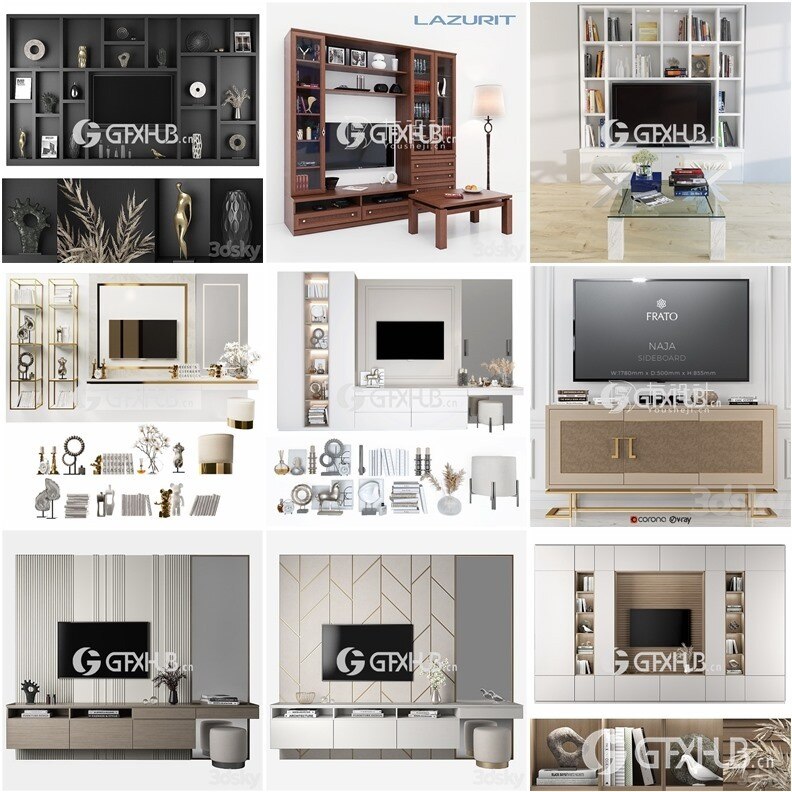 3DSky Pro 52套高精度电视柜背景墙3d模型合集