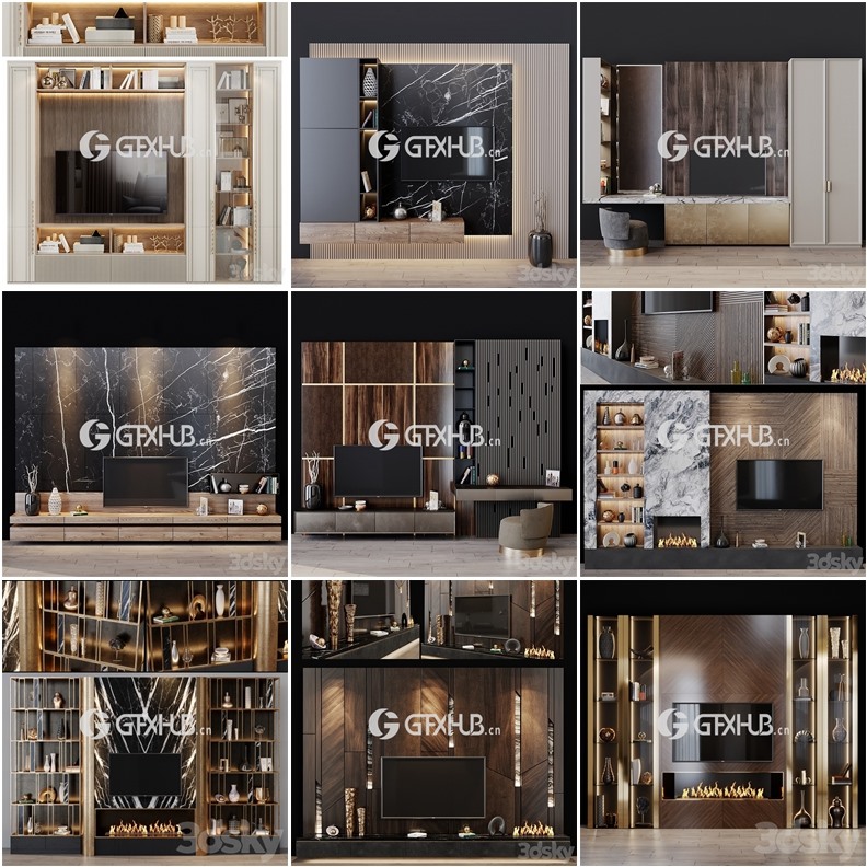 3DSky Pro 52套高精度电视柜背景墙3d模型合集