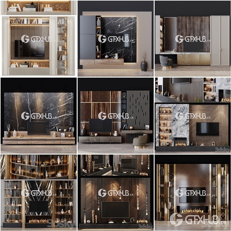 3DSky Pro 52套高精度电视柜背景墙3d模型合集