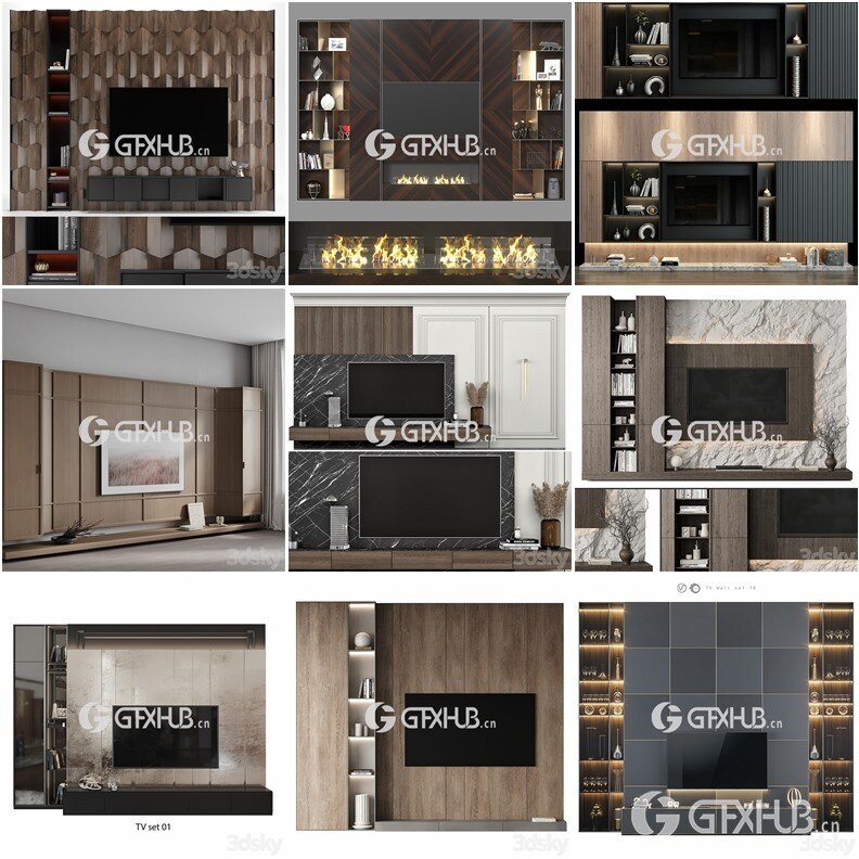 3DSky Pro 52套高精度电视柜背景墙3d模型合集