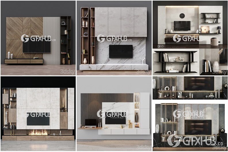3DSky Pro 52套高精度电视柜背景墙3d模型合集