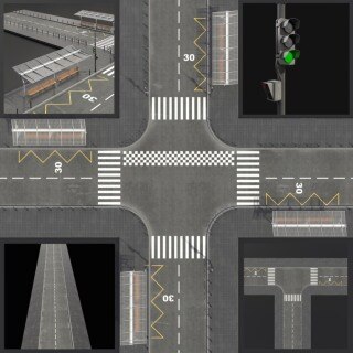 街道人行道红绿灯公交车站3D模型 Gray Street 3D Model