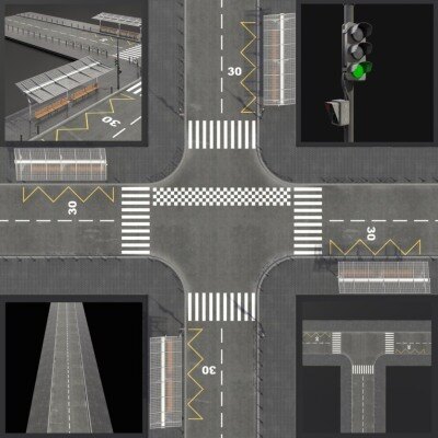 街道人行道红绿灯公交车站3D模型 Gray Street 3D Model